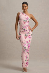 Dalarie | Pink Floral Print One-Shoulder Gathered Maxi Dress