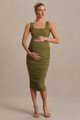 Lisbon | Olive Maternity Square Neck Ruched Midi Dress