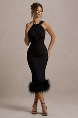 Titania | Black Twist-Neck Feather Hem Midi Dress