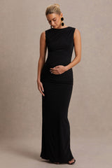 Raven | Black Boat-Neck Maternity Maxi Dress With Gathered-Detailing