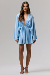 Ocean Flower | Powder Blue Crinkle Chiffon Draped Mini Dress