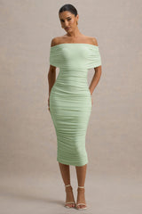 Rayleigh | Light Green Bardot Ruched Midi Dress