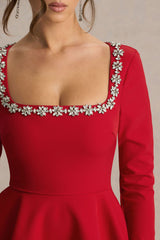 Astonish | Red Long-Sleeve Embellished Square-Neck Mini Dress With Volume Skirt
