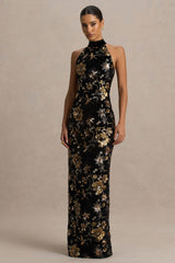 Tate | Black Velvet Halter-Neck Maxi Dress With Bronze Floral Sequin Embellishments