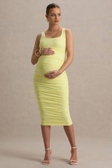 Lisbon | Lemon Maternity Square Neck Ruched Midi Dress