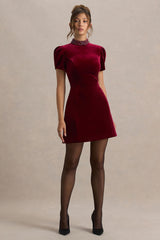 Margot | Burgundy High-Neck Velvet Mini Dress With Embellished Detail