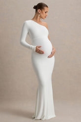 Heloise | White Asymmetric One-Sleeve Maternity Maxi Dress
