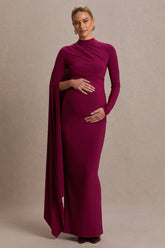 Lavinia | Berry High-Neck Maternity Maxi Dress With Cape-Sleeve