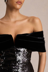 Bex | Black Sequin And Velvet Bardot-Neck Maxi Dress