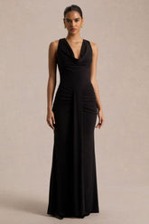 Mallie | Black Cowl-Neck Maxi Dress With Gathered-Detailing
