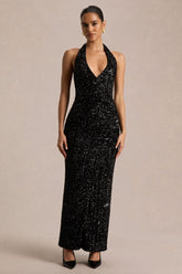 Gio | Black Sequin Plunge-Neck Wrap Maxi Dress With Ruched Detailing
