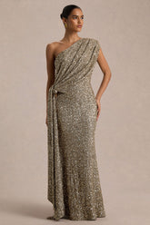 Liori | Champagne Sequin Asymmetric-Neck Maxi Dress With Sash