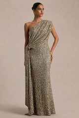 Liori | Champagne Sequin Asymmetric-Neck Maxi Dress With Sash