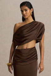 Entrapment | Brown Satin Boat-Neck Crop-Top With Ruched Detailing