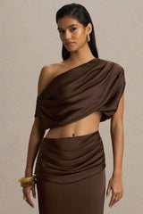 Entrapment | Brown Satin Boat-Neck Crop-Top With Ruched Detailing