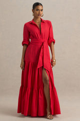 Sydney | Red Belted Maxi Shirt Dress