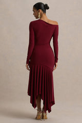 Isola | Burgundy Asymmetric-Neck Midi Dress With Hanky-Hem