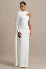 Dawn | Cream High-Neck Maxi Dress With One Long Cape-Sleeve