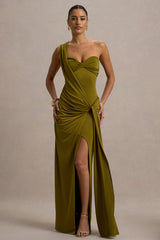 Erminia | Olive Green One-Shoulder Twist Wrap Maxi Dress
