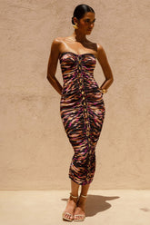 Spontaneity | Zebra Print Bandeau Ruched Midi Dress