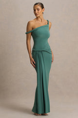 Tulisa | Green Asymmetric-Neck Maxi Dress With Twist Sleeves And Ruched Detailing