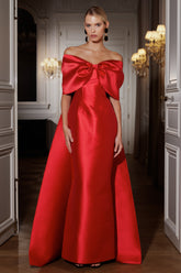 Wanting More | Red Satin Cape Maxi Dress With Oversized Bow