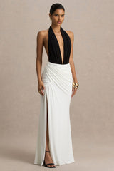Tilly | Black And White Extreme-Plunge Neck Maxi Dress With Wrap And Ruched Details