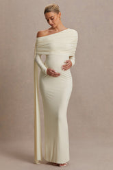 Cyra | Cream Asymmetric-Neck Maternity Maxi Dress With Sash