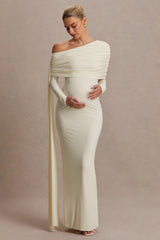 Cyra | Cream Asymmetric-Neck Maternity Maxi Dress With Sash