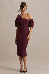 Lucille | Burgundy Asymmetric Bardot Midi Dress With Bow Detail