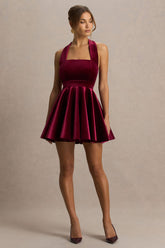 Mirage | Burgundy Velvet Halter-Neck Mini Dress With Skater-Skirt