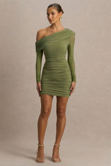Gina | Olive Asymmetric-Neck Ruched Mini Dress