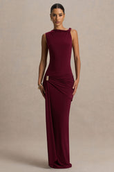 Decadence | Burgundy High-Neck Wrapped Maxi Dress With Twist-Sleeve