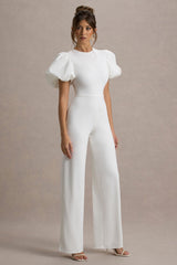 Dillon | White Puff-Sleeve Straight-Leg Jumpsuit
