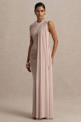 Brenda | Champagne Crew-Neck Maxi Dress With Mesh Cape And Sash