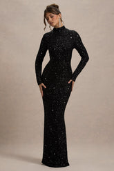 Galaxy | Black Sequin Turtle-Neck Long-Sleeve Maxi Dress