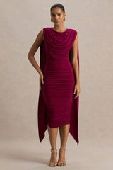 Wanderer | Burgundy Crew-Neck Midi Dress With Draped and Ruched Detailing