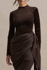 Sasha | Brown Satin And Velvet Midi Dress With Wrap-Detail