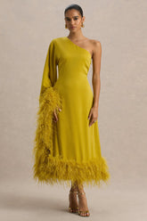 Destiny | Yellow Satin Asymmetric-Neck Midi Dress With Feather Details