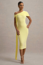 Vallea | Lemon One-Shoulder Draped Midi Dress