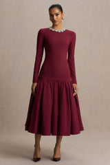 Jovana | Burgundy Hand-Embellished Crew-Neck Midi Dress With Drop Waist