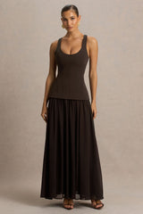 Kelly | Brown Scoop-Neck Maxi Dress With Pleated Mesh Skirt