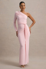 Sanya | Blush Pink Asymmetric One Sleeve Wrap Maxi Dress with Drape