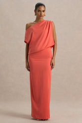 Ronnie | Coral Satin Asymmetric-Neck Maxi Dress With Draping Detail