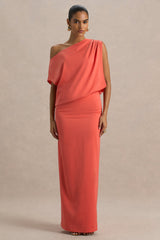 Ronnie | Coral Satin Asymmetric-Neck Maxi Dress With Draping Detail