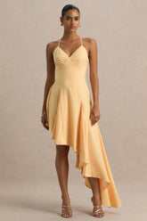 Glint | Peach Satin Plunge-Neck Maxi Dress With Asymmetric Hem