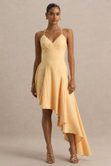 Glint | Peach Satin Plunge-Neck Maxi Dress With Asymmetric Hem