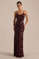 Gemini | Burgundy Floral Sequin Embellished Strappy Maxi Dress