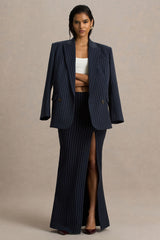 Elana | Navy Pinstripe Maxi Skirt With Front-High Split