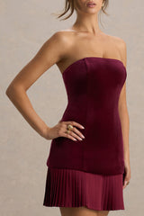 Valentina | Burgundy Velvet Bandeau Mini Dress With Pleated Detailing